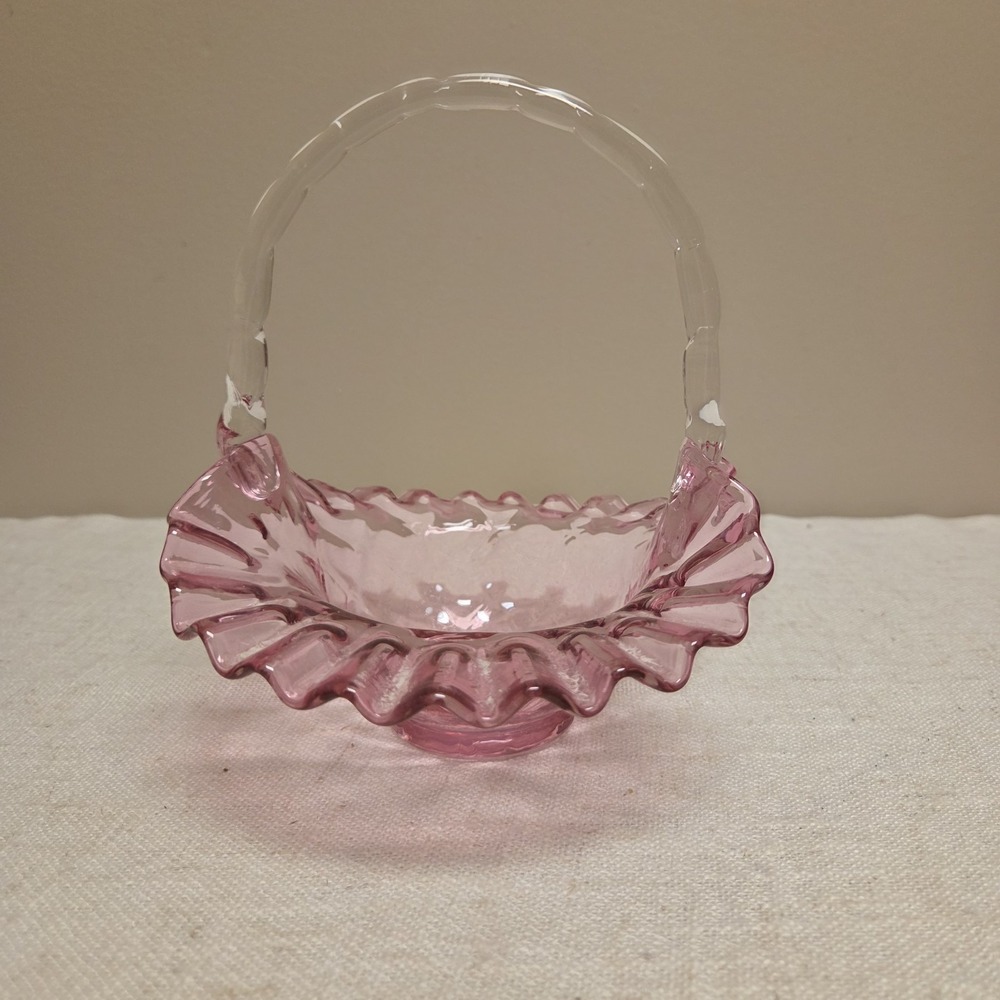 Vintage 10" Fenton Style Cranberry Glass Brides Basket w/ Ruffled Lip & Handle‎